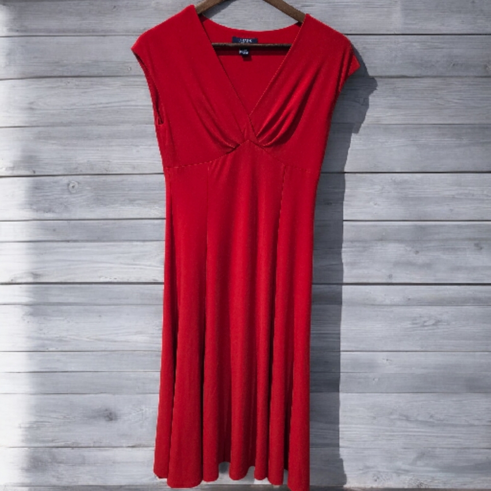 Chaps Red V-neck, Cap Sleeve A-line Stretchy Dress
